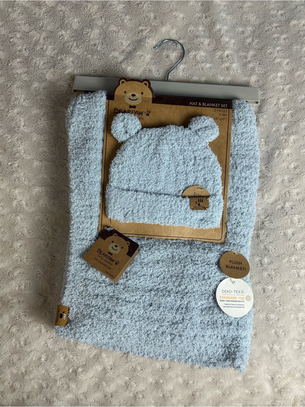 Bearpaw Blue Baby Blanket & Hat Set Chenille Sweater Knit Soft Cozy Ribbed